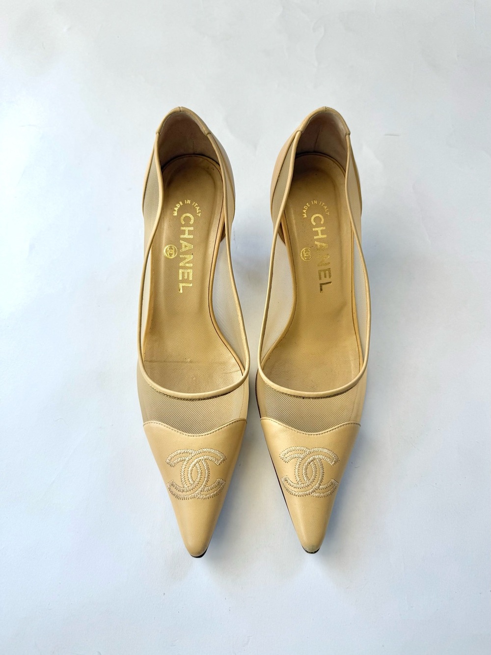 Vintage Chanel Nude Mesh and Leather CC Heels